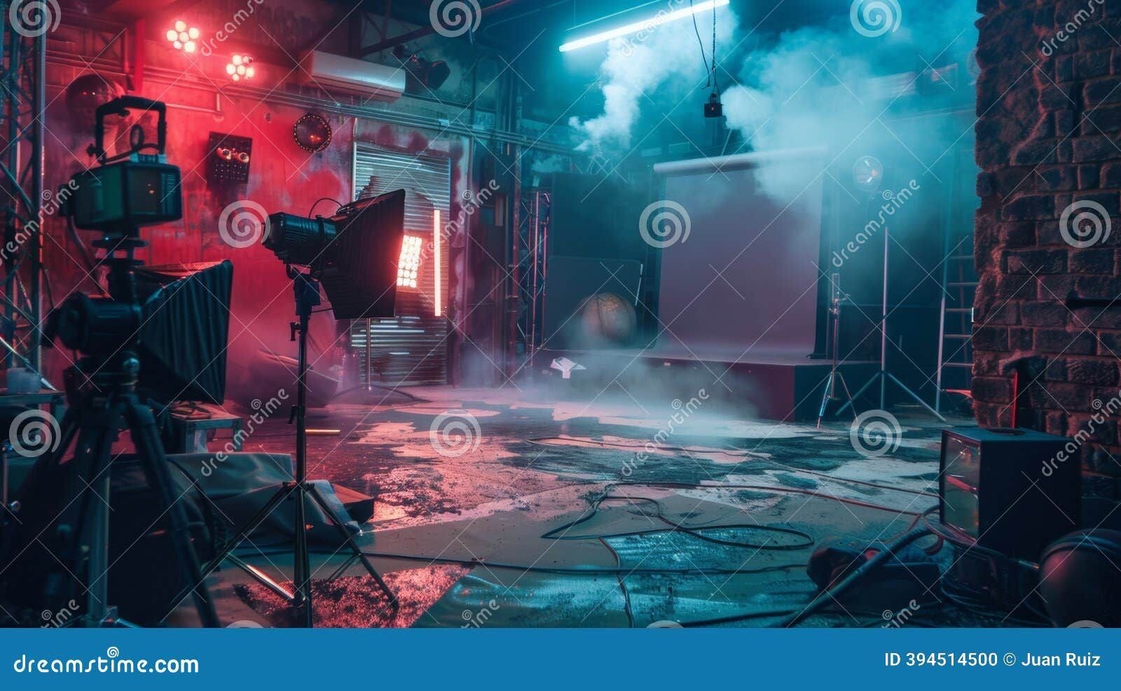 Film studio floor at night with spotlights and haze