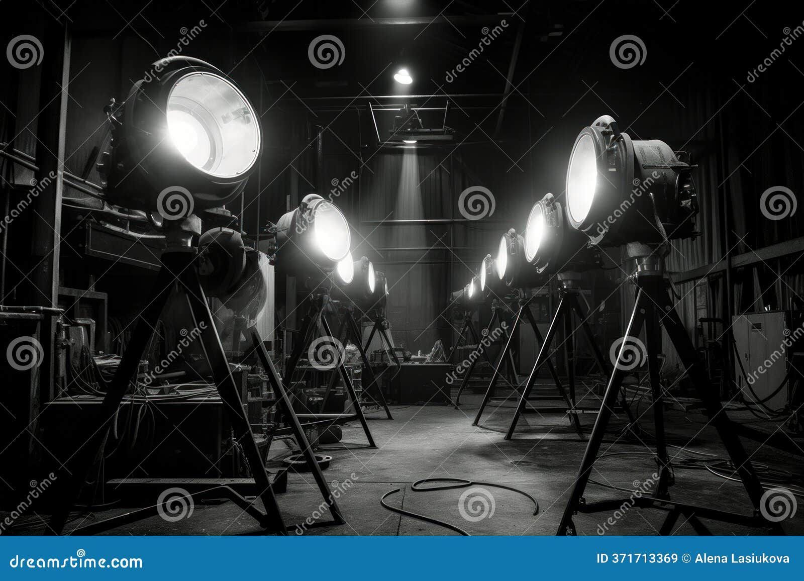 Film set lit by spotlights in a dark studio